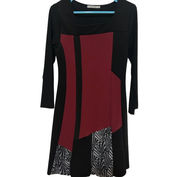 Maloka Formal Burgundy and Black Geometric Midi Dress (above knee) Black/Red - Picture 1 of 5